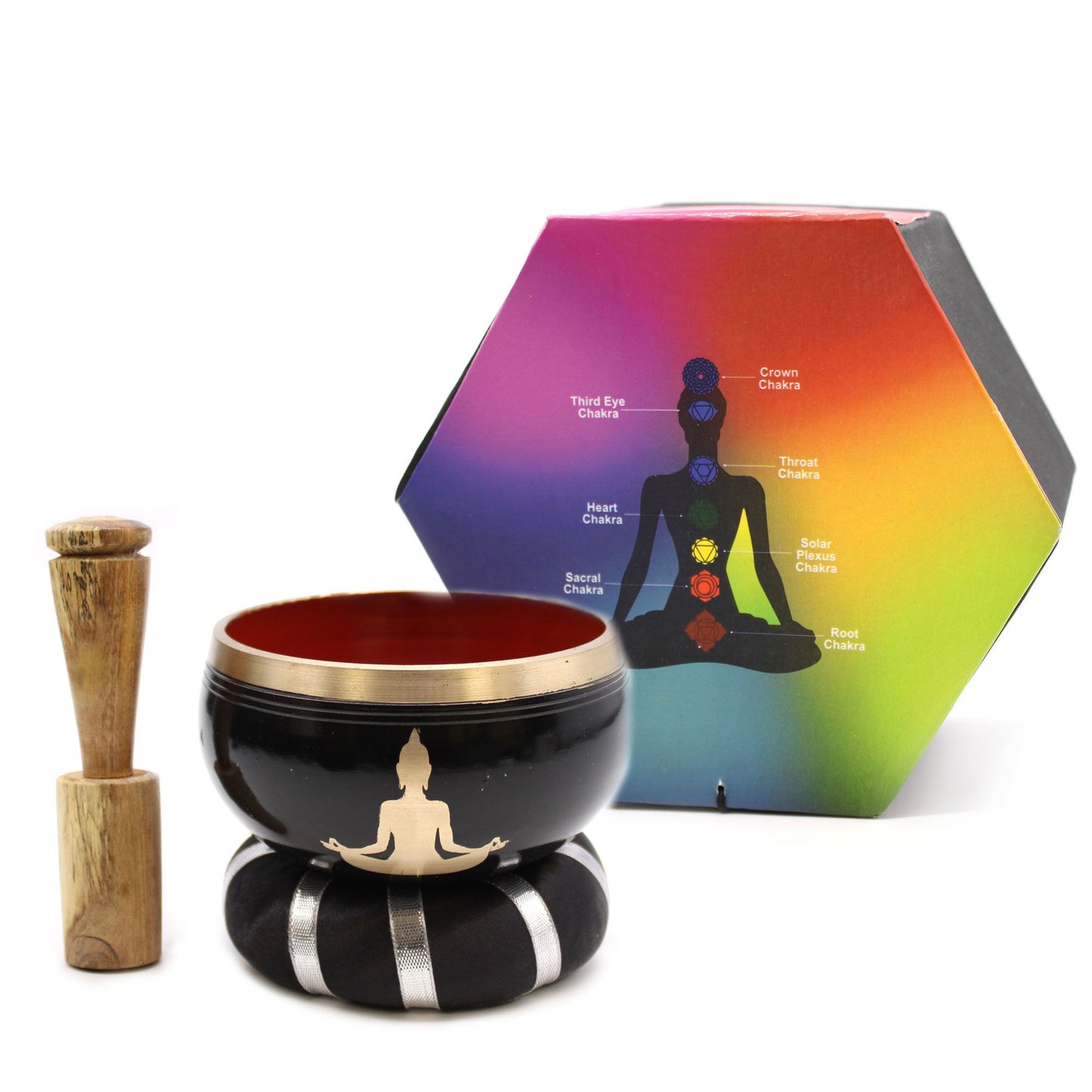 Klangschalen-Set Buddha in Schwarz mit Orange - 10,7 cm, inklusive Holzschlägel