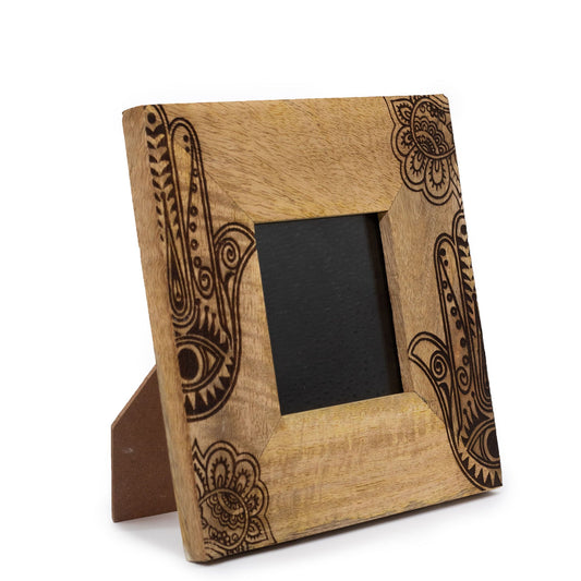Handgeschnitzter Bilderrahmen aus Mangoholz mit Hamsa-Symbol - Schwarz, 20x20 cm