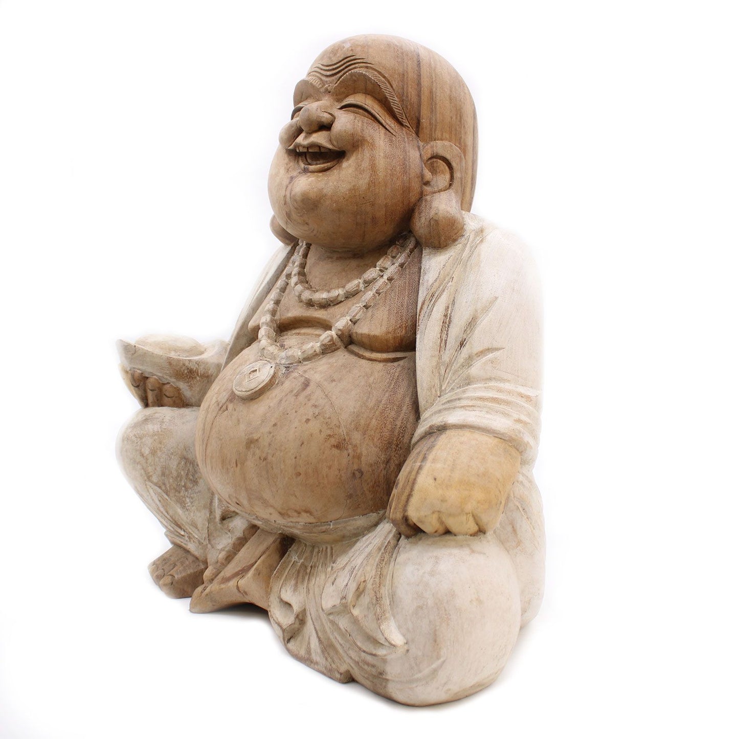 Handgeschnitzte Buddha Statue 'Glücksbringer' - 50 cm aus Suar-Holz mit Whitewash-Optik