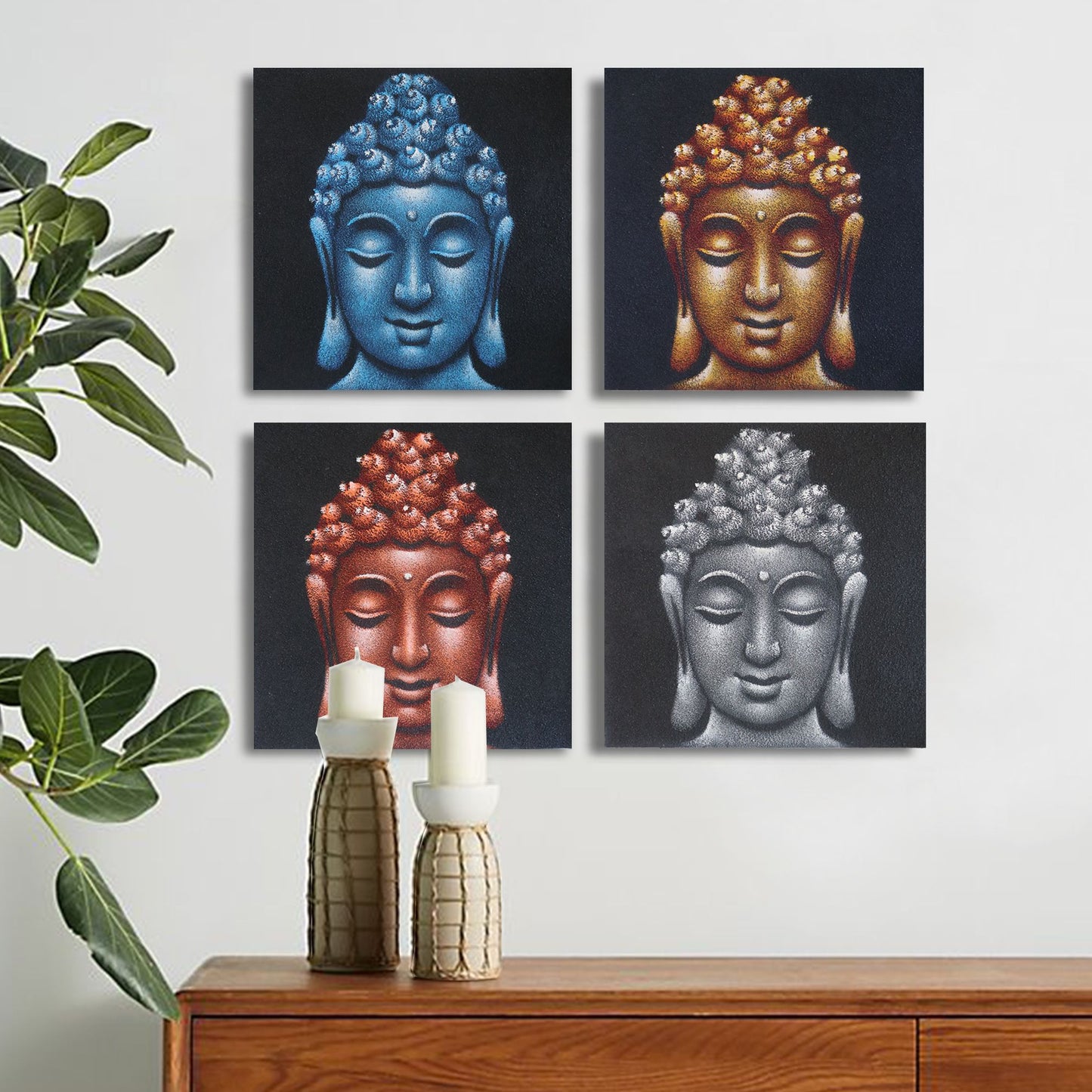 Set aus 4 Buddha-Kopf Wandbildern in Sandoptik - 40x40cm Leinwandgemälde