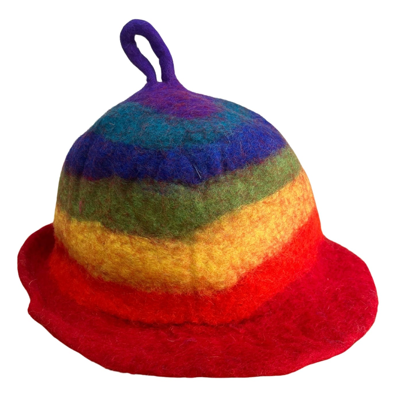Handgefertigter Saunahut aus Wollfilz im Regenbogen-Design