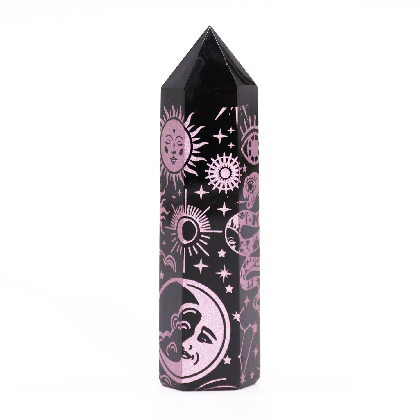 Obsidian Obelisk 'Mystic Story' in Rosa - Gravur mit Himmelssymbolen