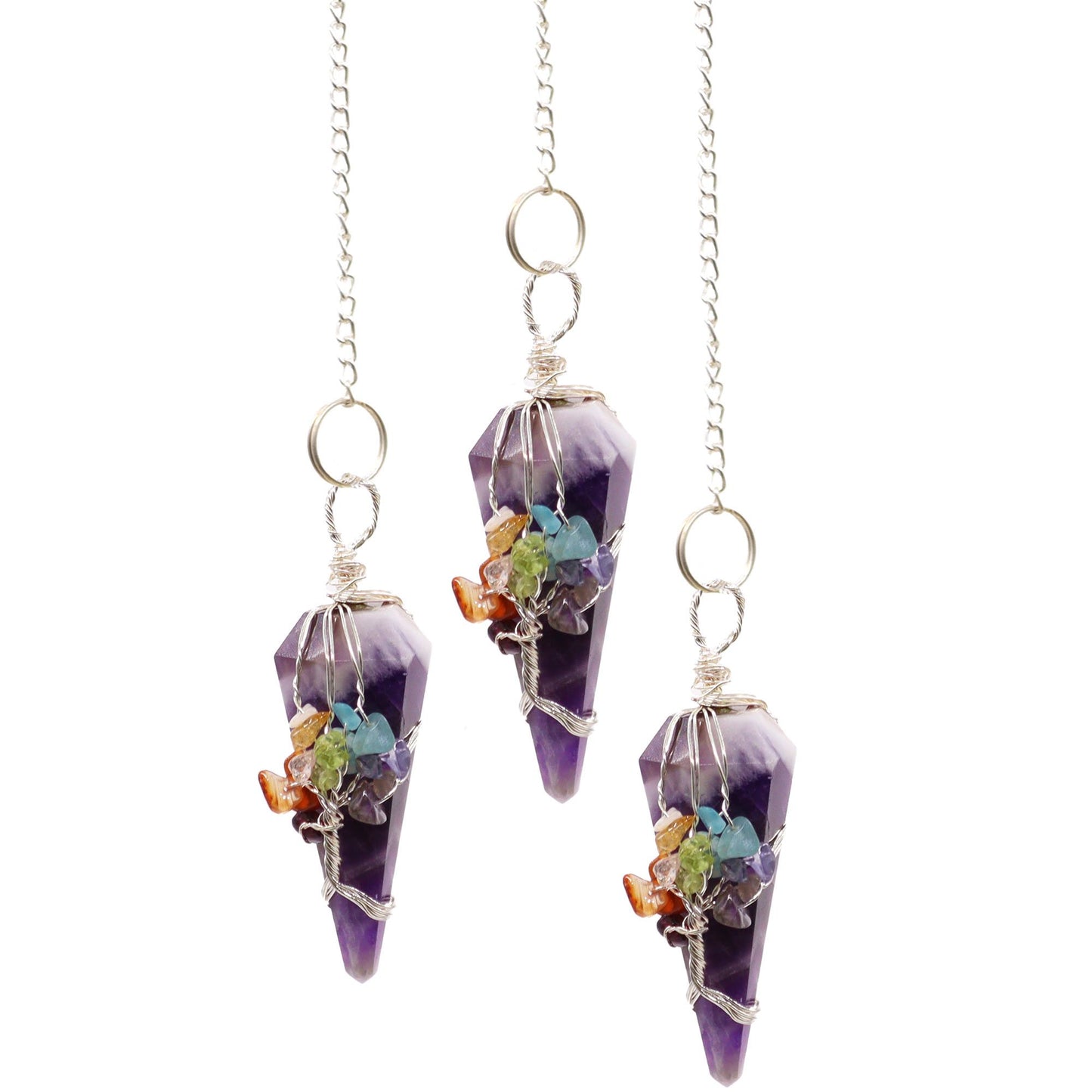 Amethyst Pendel Sieben-Chakra – Handgefertigtes Edelsteinpendel mit Metallkette