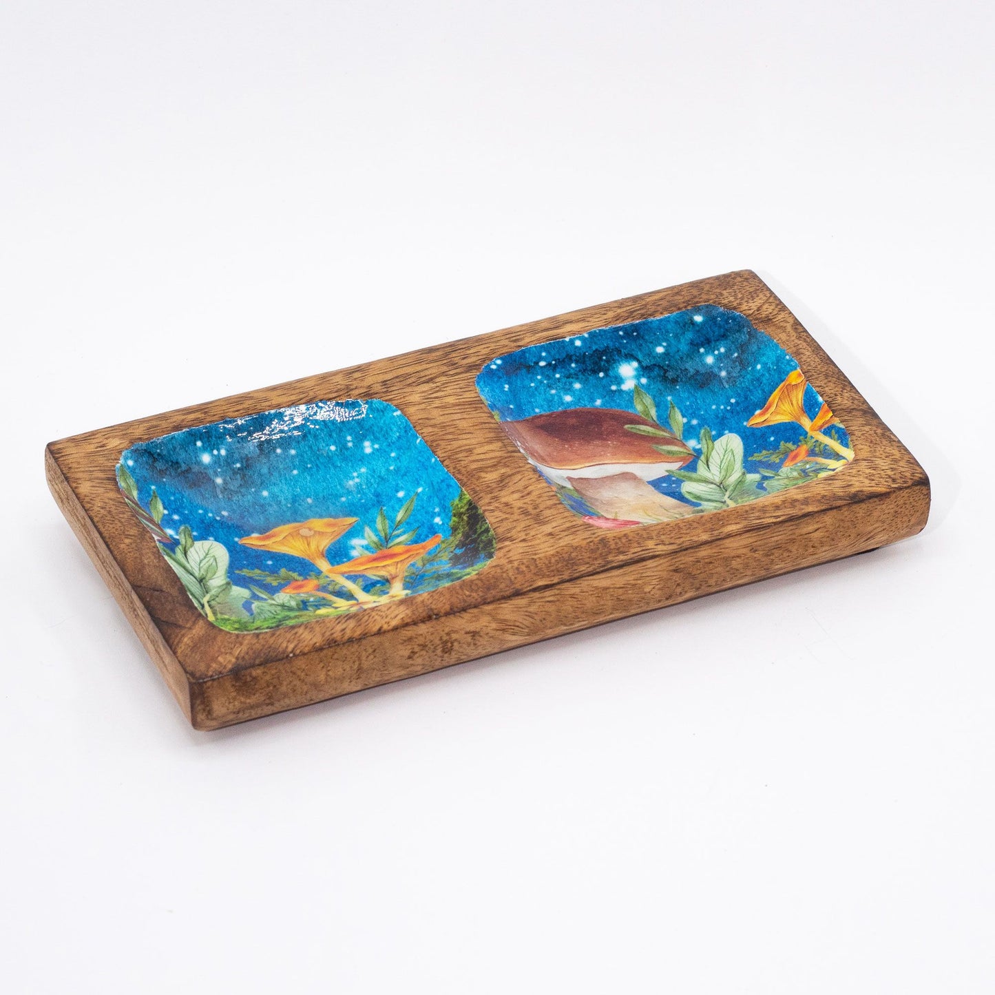 Doppel-Tablett mit Pilzmotiv in Petrol – Handgefertigt aus Mangoholz, 20x10x2,5 cm