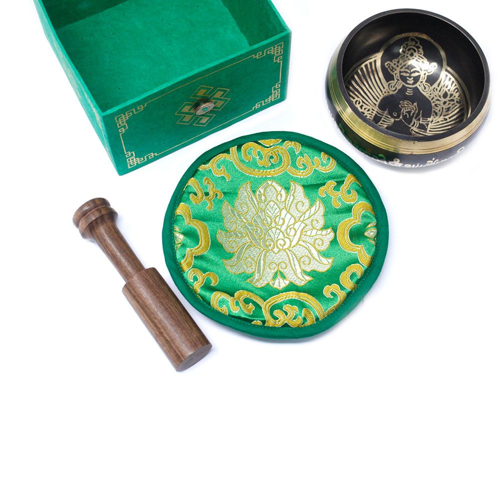 Klangschalen-Set 'Grüne Tara' – Handgraviertes Messing, 10 cm