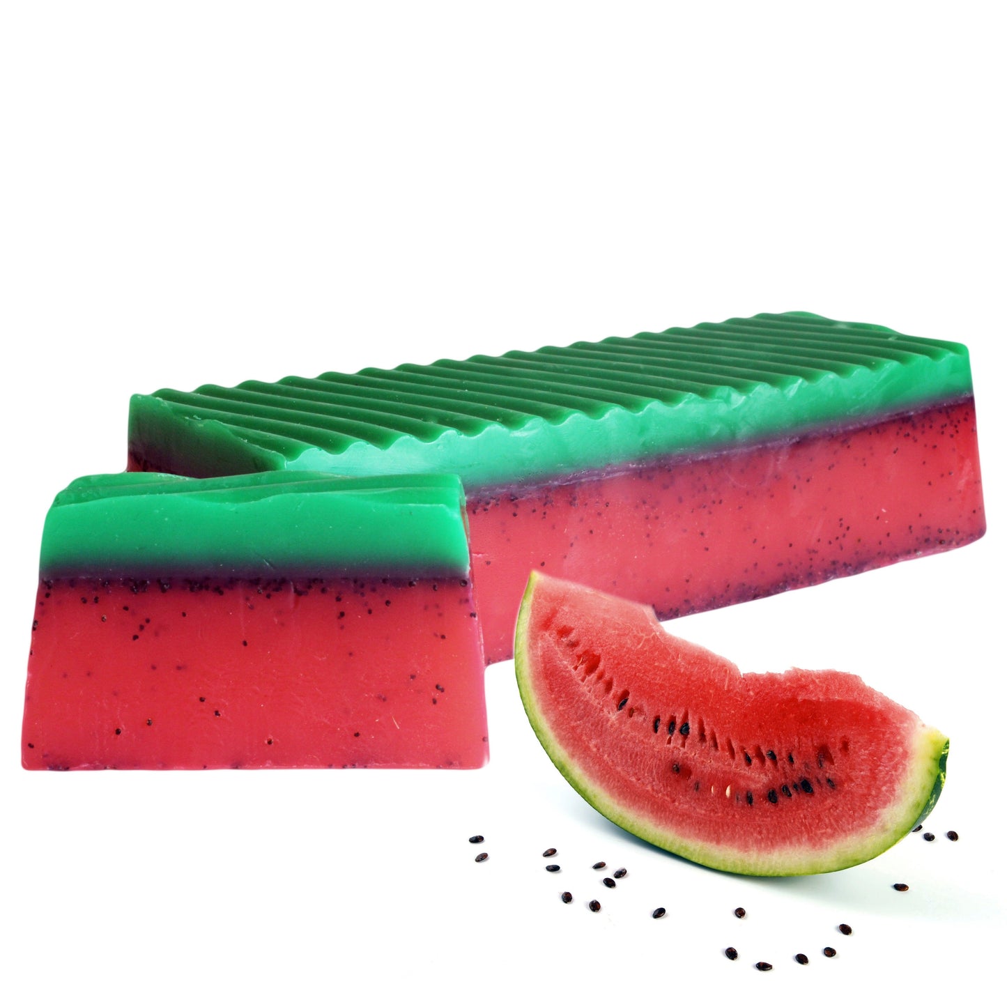 Handgemachte Seifenstange 'Exotische Wassermelone' mit natürlichem Mohnsamen-Peeling