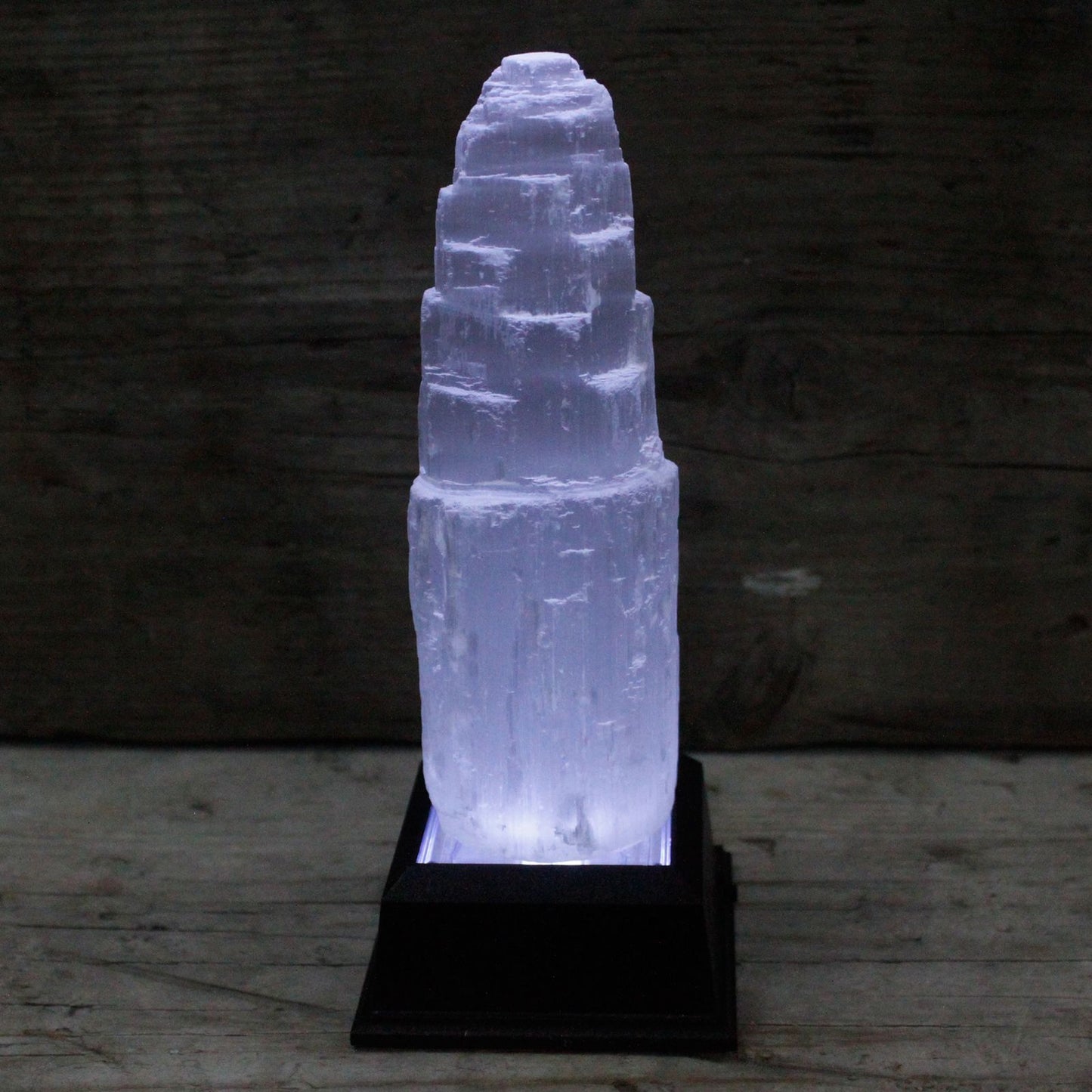 Selenit-Lichtskulptur mit LED-Basis | 15 cm Naturturm aus Marokko