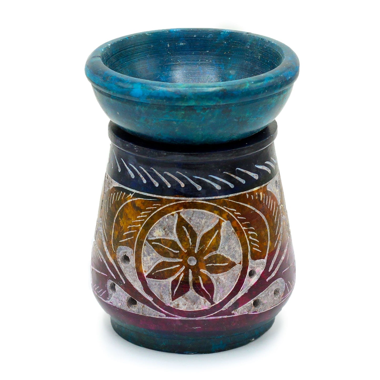 Floraler Speckstein-Ölbrenner 8cm - Handgeschnitztes Blumenmotiv