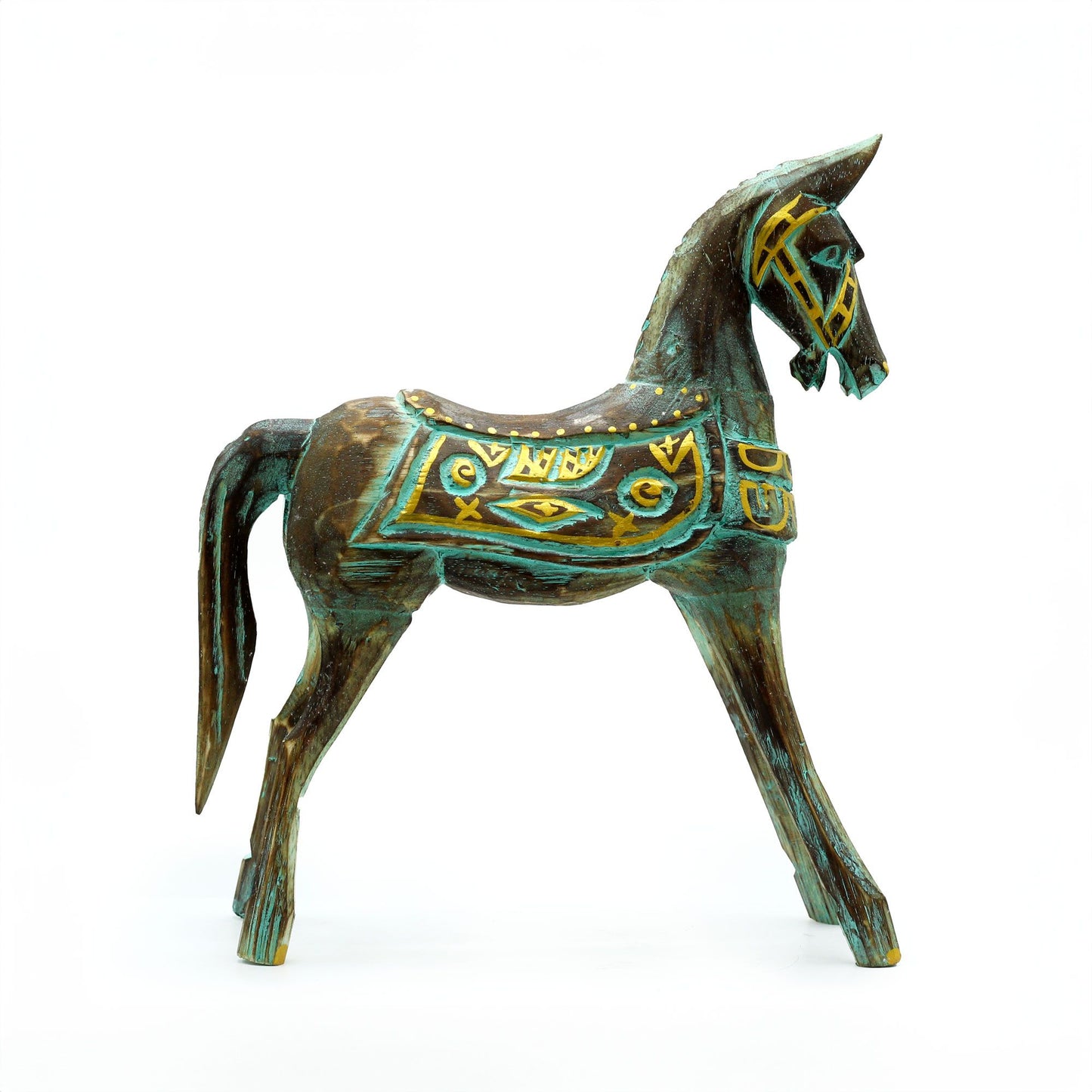Handgeschnitzte Pferdefigur aus Holz mit Gold und Türkis – 25 cm