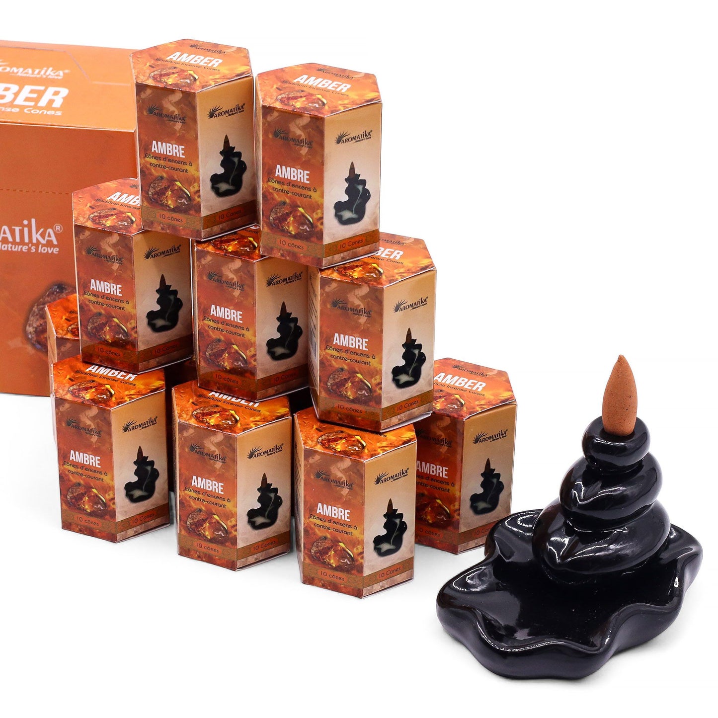 Masala Rückfluss-Räucherkegel Amber - 10 Stück mit hypnotischem Rauchwasserfall