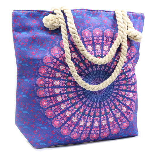 Mandala Tasche Purpur-Blau – Große Strandtasche mit Seilgriffen