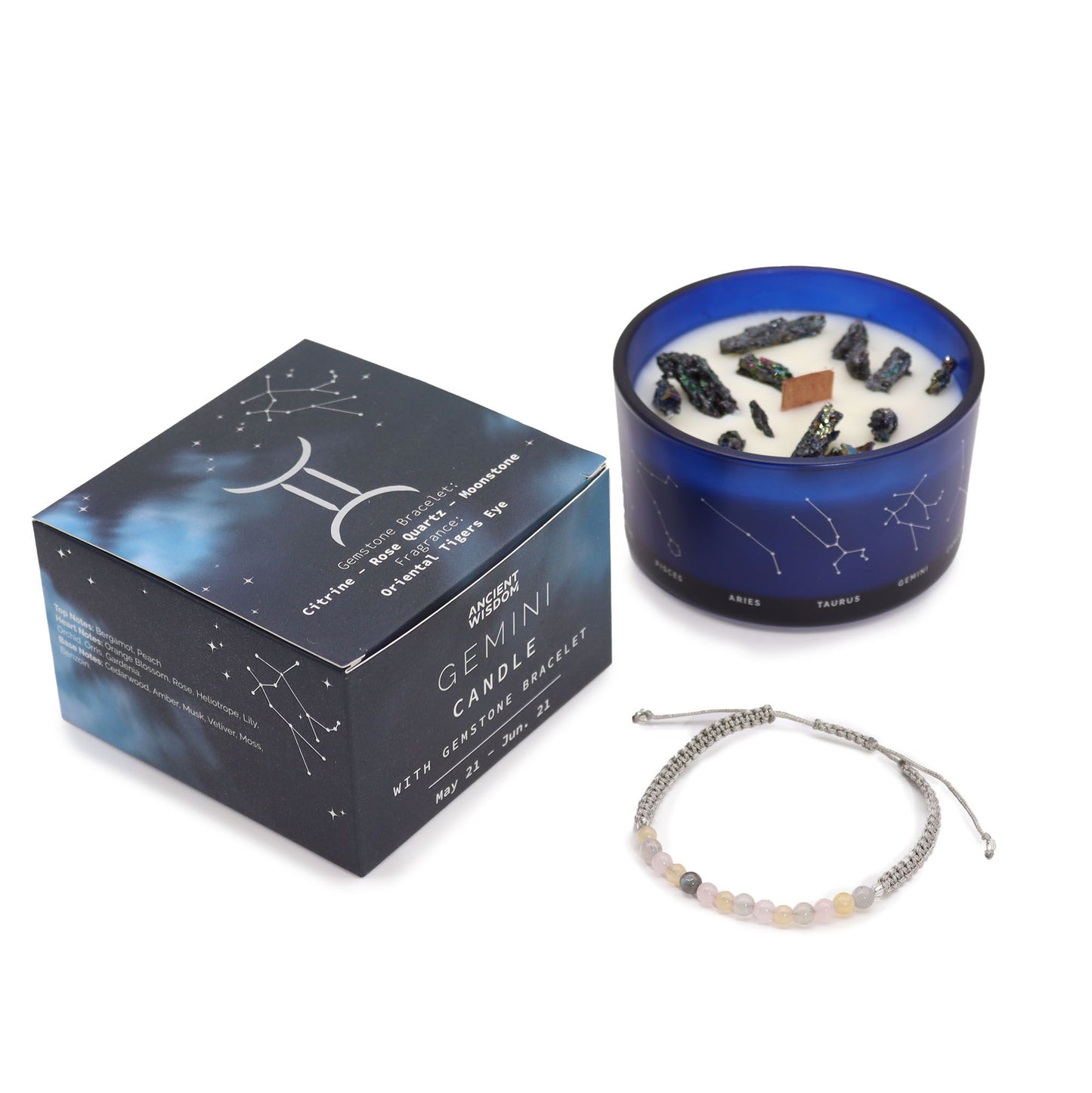 Zodiac Kristallkerze Zwillinge mit Edelsteinarmband – Duft & Schmuck Set