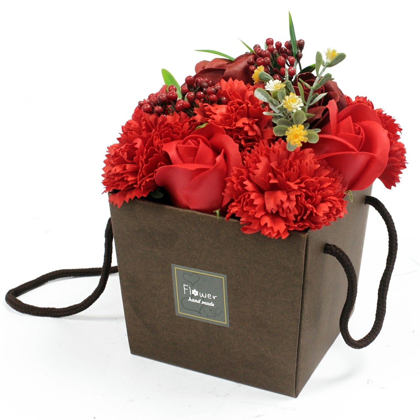 Handgefertigtes Seifenblumen-Arrangement in Rot & Nelke – Luxus für die Badewanne