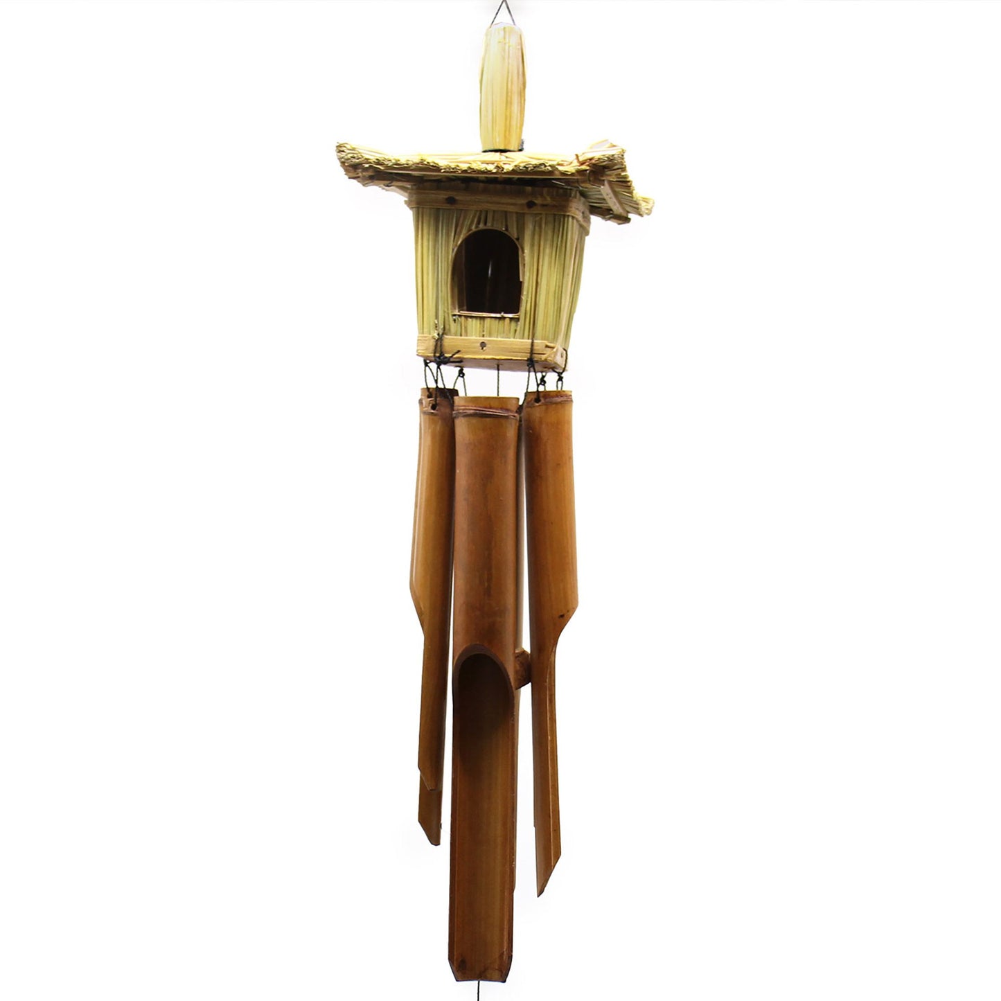 Vogelhaus aus Seegras mit Bambus-Windspiel – Natürliche Gartendeko 49x15 cm