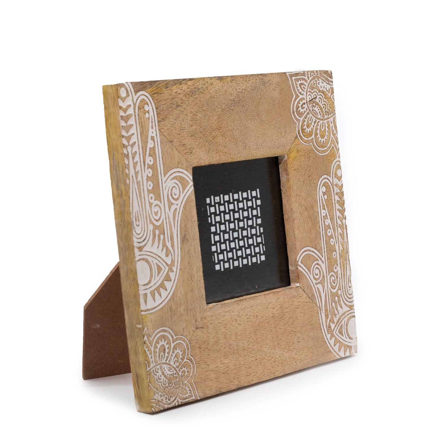 Handgeschnitzter Mangoholzrahmen 'Hamsa' in Weiß – 20x20 cm für 10x15 cm Fotos