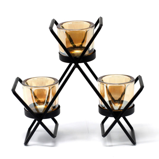 Dreieckiger Kerzenständer aus Eisen mit 3 Glasvasen - Votivhalter Set