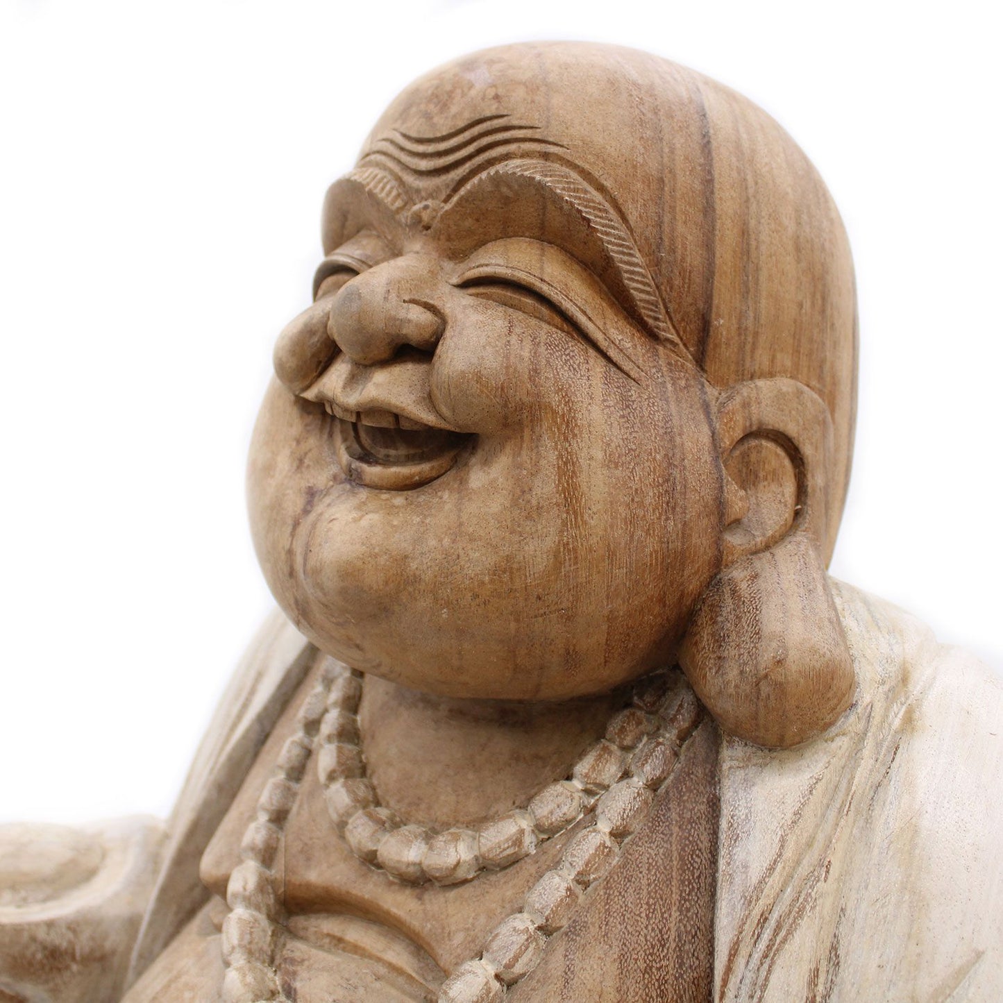 Handgeschnitzte Buddha Statue 'Glücksbringer' - 50 cm aus Suar-Holz mit Whitewash-Optik