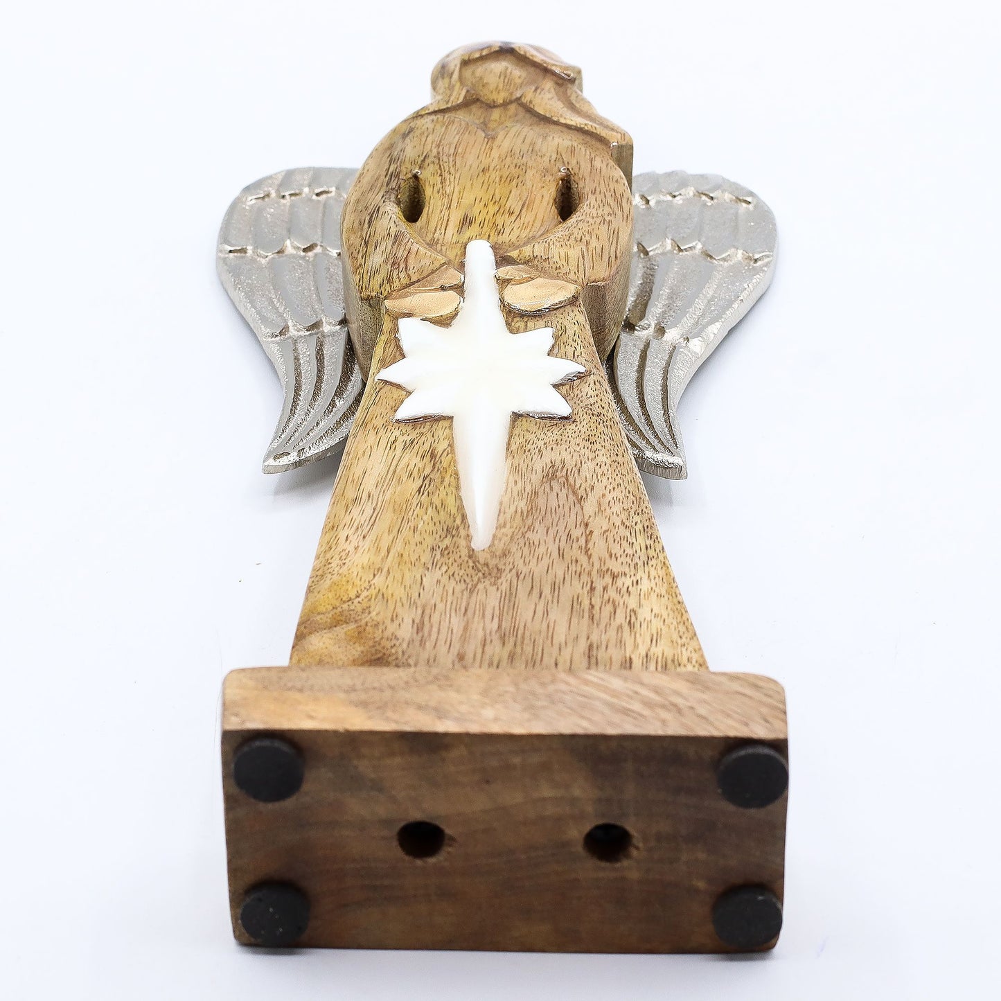 Friedensengel aus Mango-Holz mit Metallflügeln und Emaille-Stern
