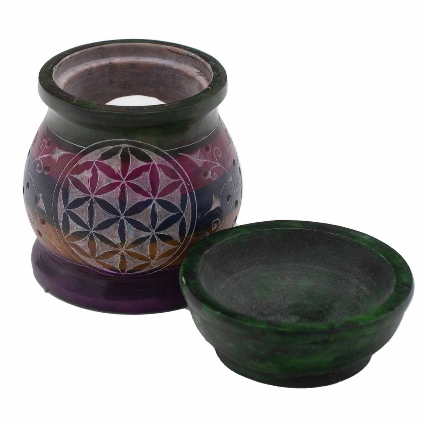 Flower of Life Ölbrenner aus Speckstein - 10 cm, 5 harmonische Farben