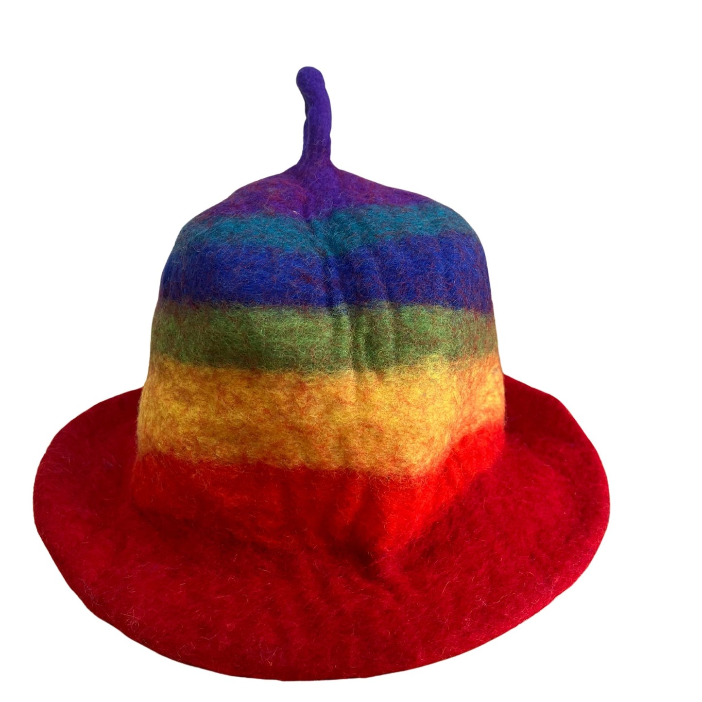 Handgefertigter Saunahut aus Wollfilz im Regenbogen-Design