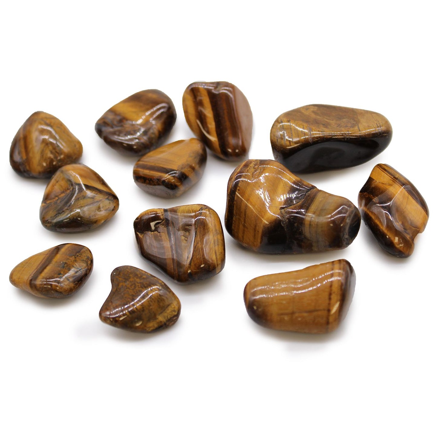 Set mit 12 goldenen Tigerauge Trommelsteinen aus Afrika