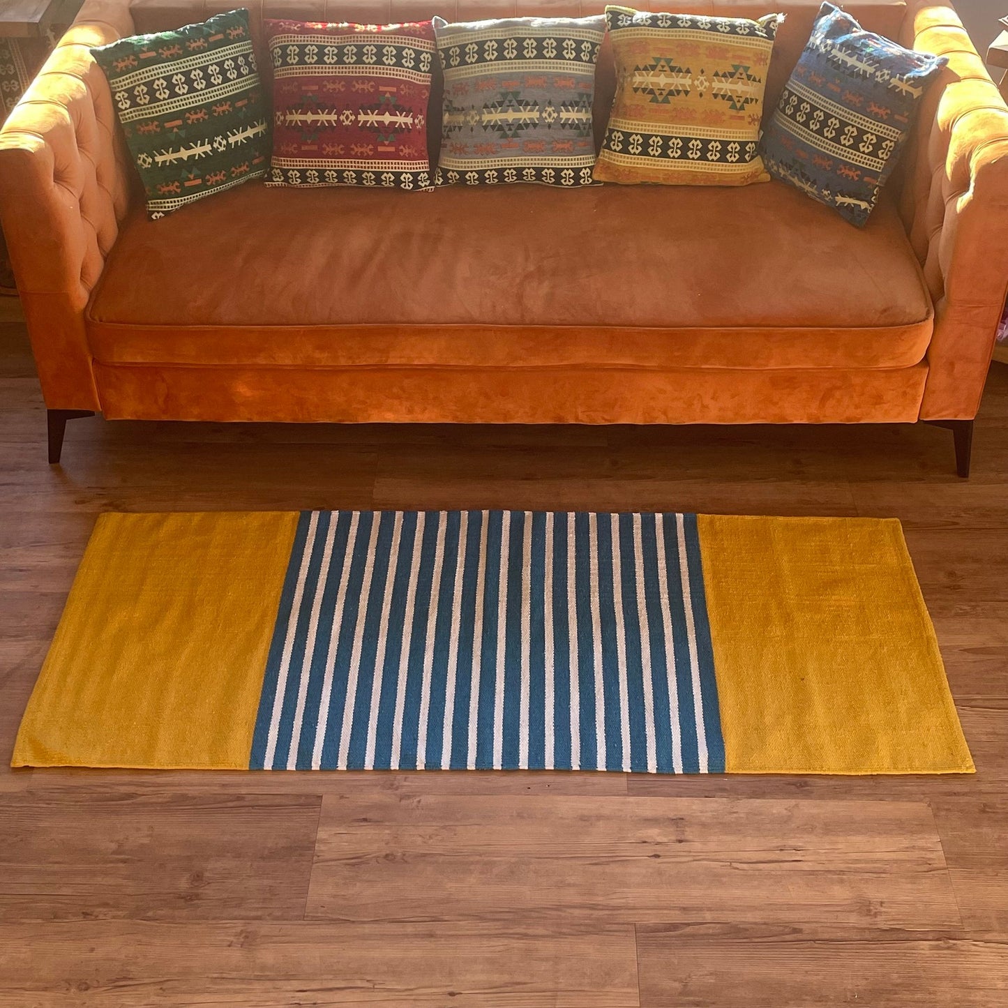 Handgewebter Baumwoll-Läufer in Gelb und Blau – 170 x 70 cm