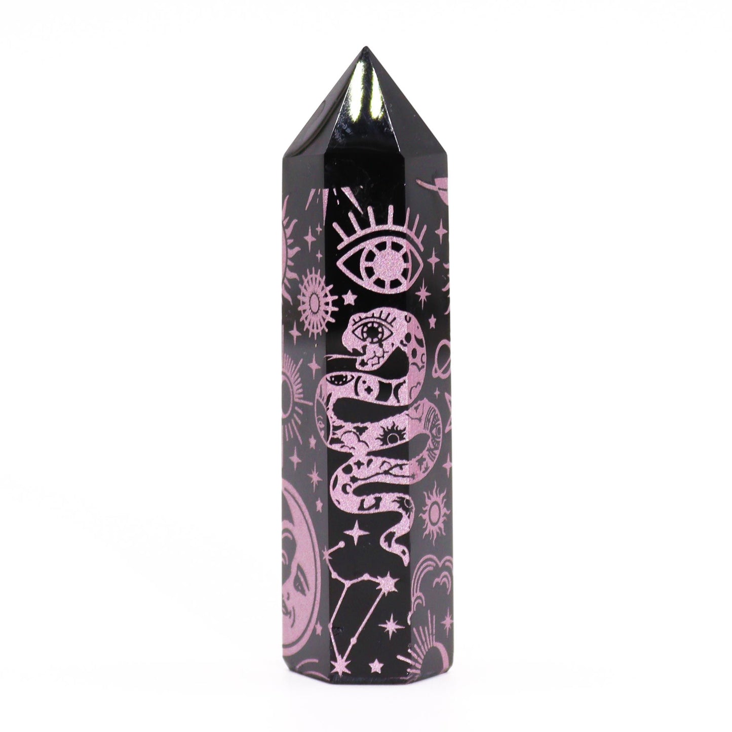 Obsidian Obelisk 'Mystic Story' in Rosa - Gravur mit Himmelssymbolen