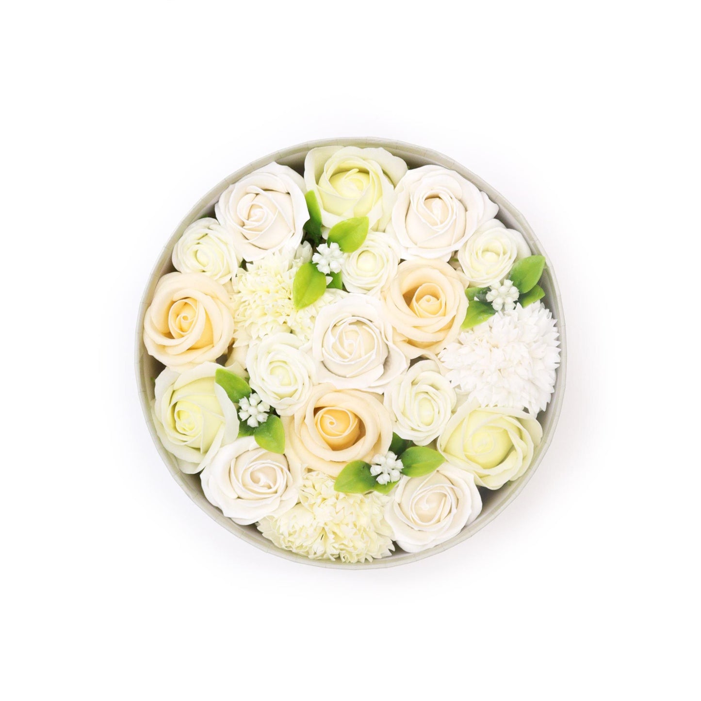Seifenblumen-Arrangement 'Hochzeitssegen' in Weiß & Elfenbein – Premium Rundbox
