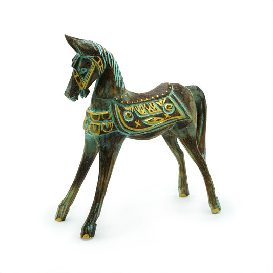 Handgeschnitzte Pferdefigur aus Holz mit Gold und Türkis – 25 cm
