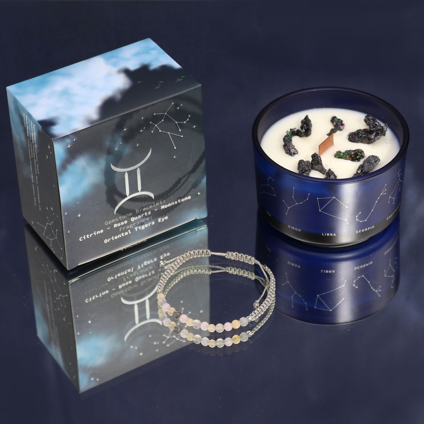 Zodiac Kristallkerze Zwillinge mit Edelsteinarmband – Duft & Schmuck Set
