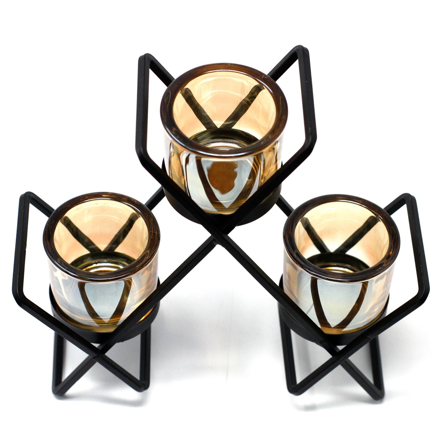 Dreieckiger Kerzenständer aus Eisen mit 3 Glasvasen - Votivhalter Set