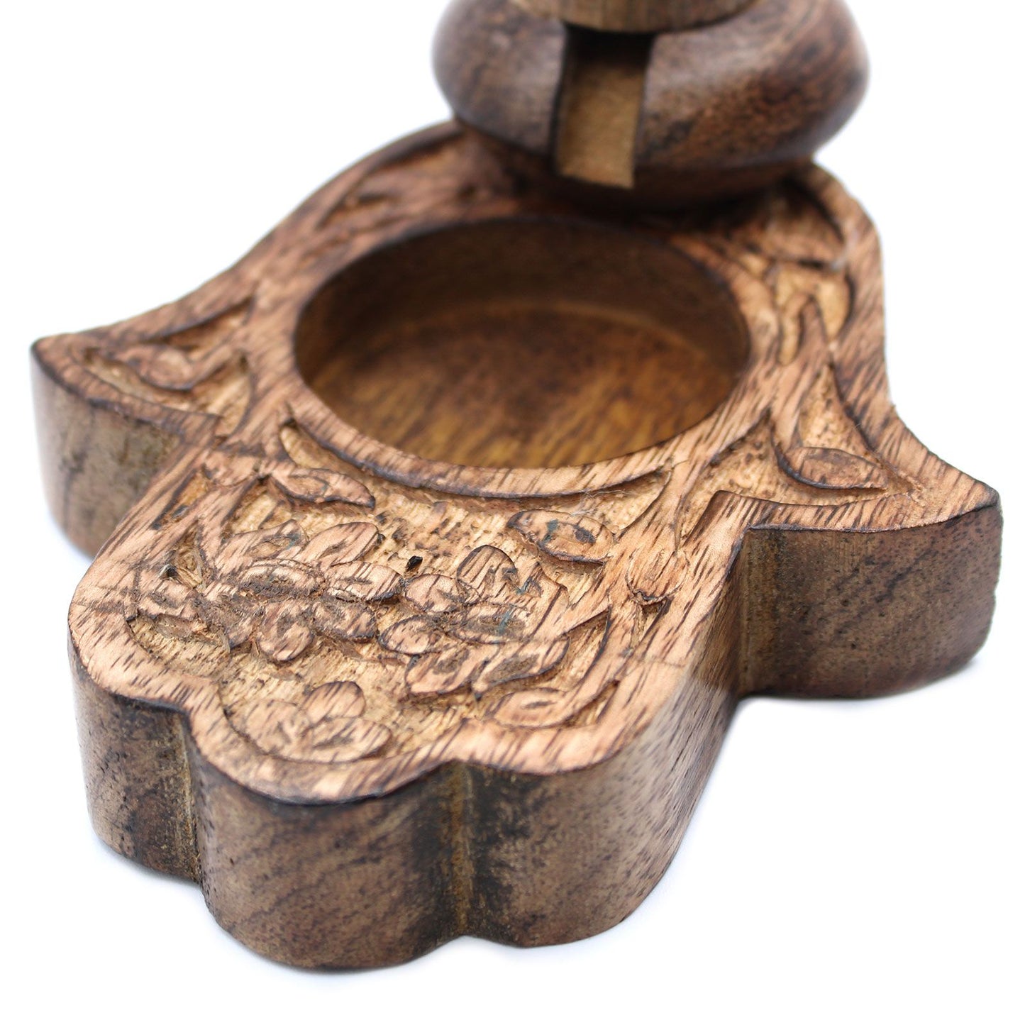 Räuchergefäß Hamsa aus Mangoholz mit Rauchkaskade
