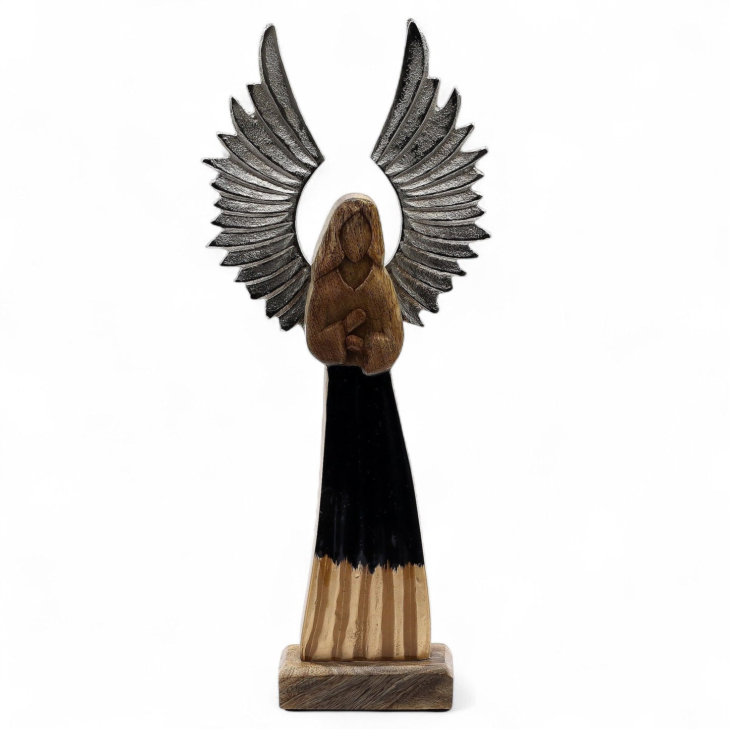 Handgeschnitzter Schutzengel aus Mango-Holz mit silberfarbenen Metallflügeln und schwarzer Emaille-Veredelung (40 cm)