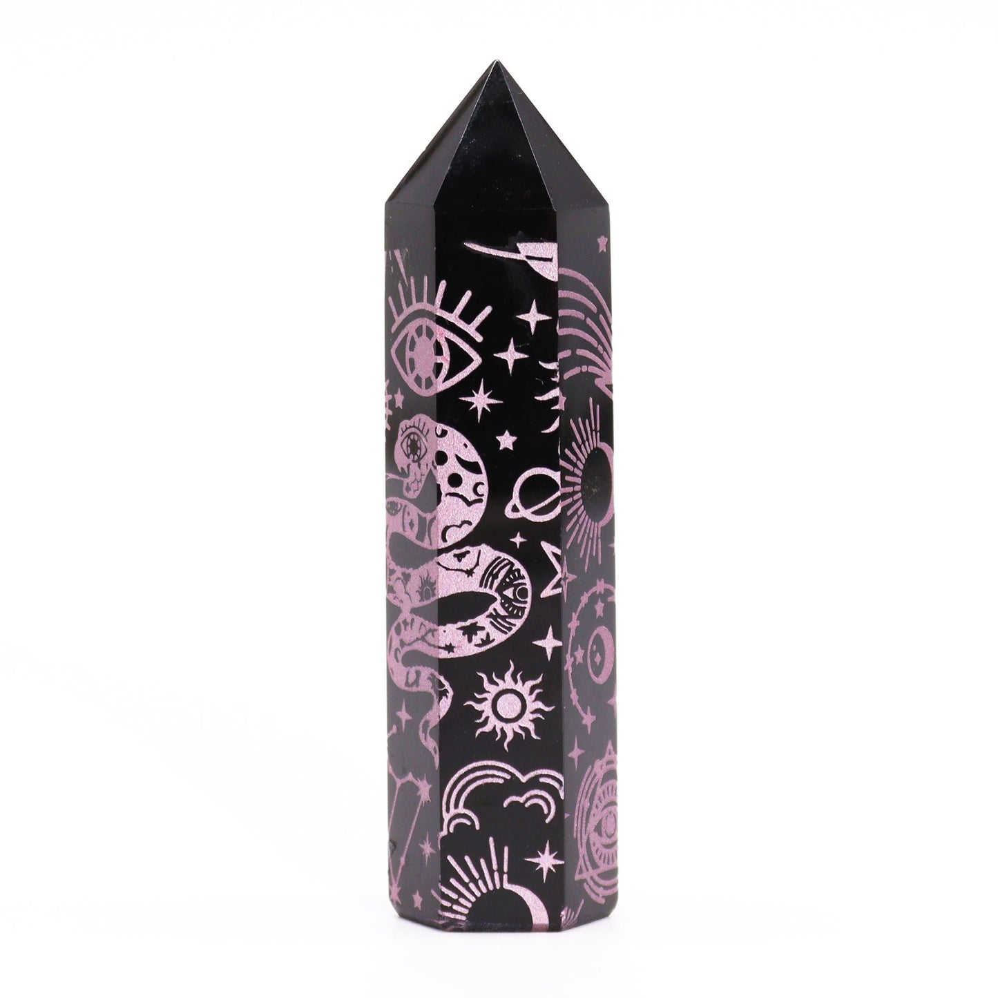 Obsidian Obelisk 'Mystic Story' in Rosa - Gravur mit Himmelssymbolen