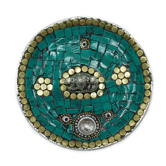 Ganesha Räucherstäbchenhalter - Handgefertigtes Metall-Mosaik in Türkis & Gold