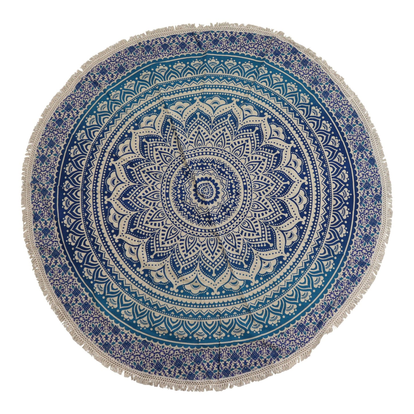 Mandala Rundbild 'Klassisches Blau' – Handgefertigte Baumwollkunst (130 cm)