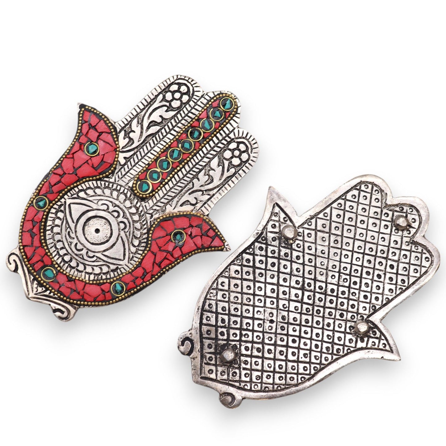 Hamsa Räucherstäbchenhalter in Rot & Grün – Handgefertigt aus poliertem Aluminium