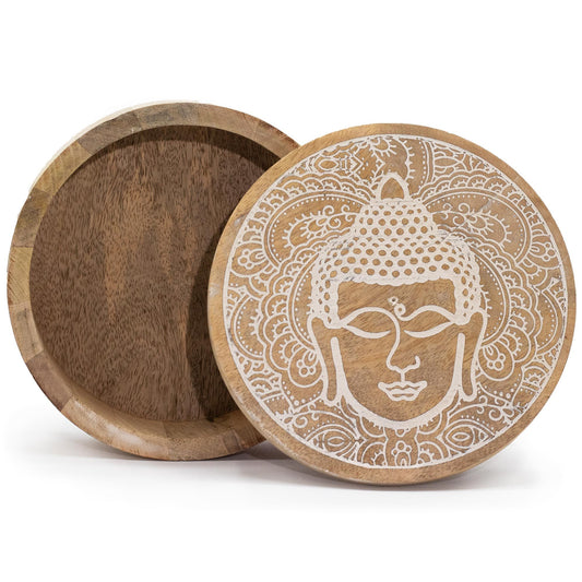 Runde Aufbewahrungsbox mit Buddha-Gravur - Weiß getöntes Mangoholz, Ø 17,5 cm