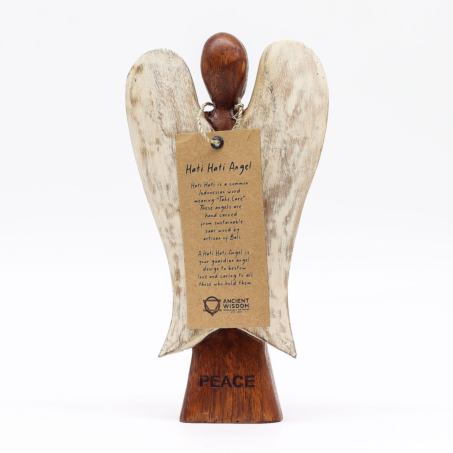 Hati-Hati Peace Engel – Handgeschnitzte Figur aus Suarholz, 20 cm