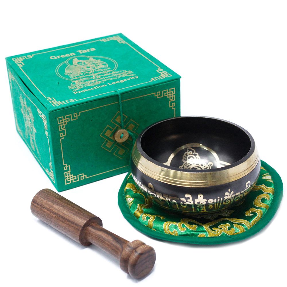 Klangschalen-Set 'Grüne Tara' – Handgraviertes Messing, 10 cm
