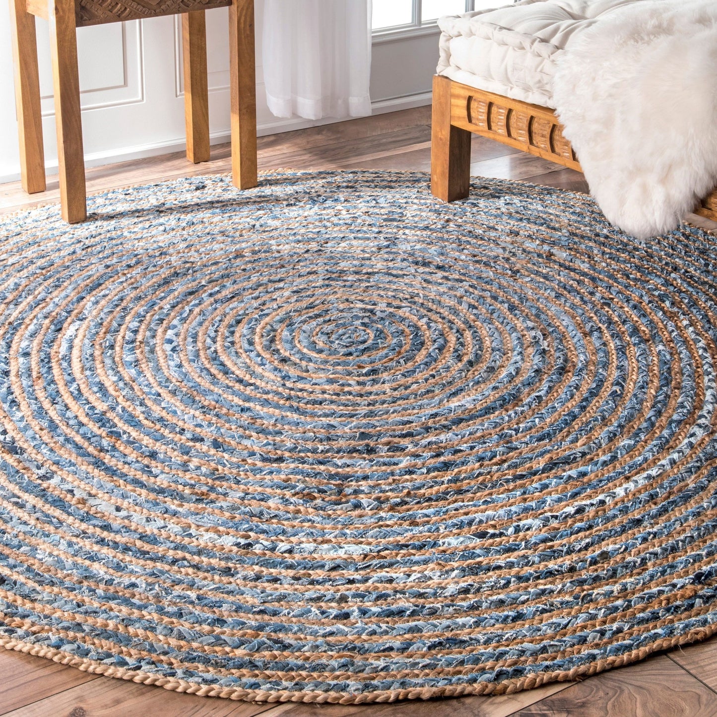 Runder Naturteppich 120 cm in Jute & Denim-Optik