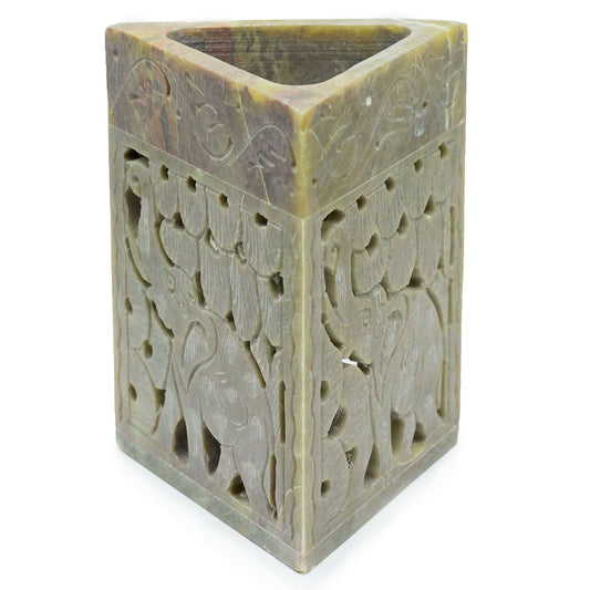 Handgefertigter Speckstein-Ölbrenner 'Elefanten-Dreieck' – 11x9 cm
