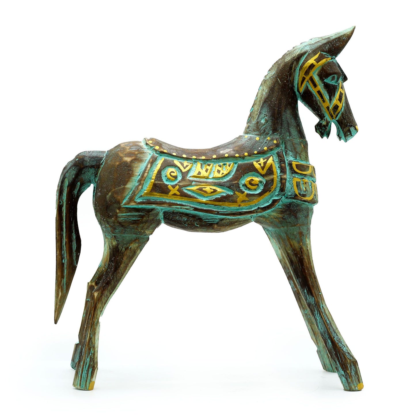 Majestätische Pferdefigur mit Gold & Türkis – Handgeschnitzt aus Albesia-Holz, 32 cm