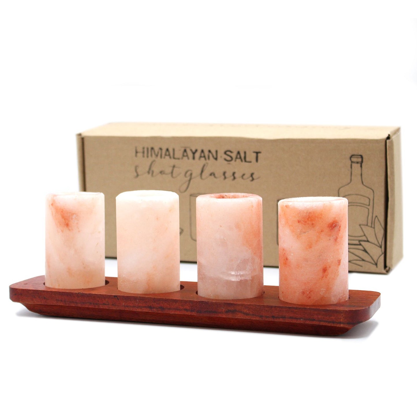 Set mit 4 Shotgläsern aus Himalaya-Salz & Servierbrett aus Holz