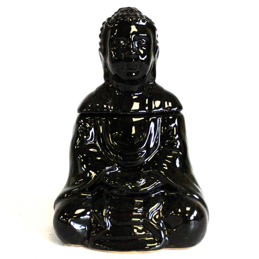 Duftlampe 'Meditierender Buddha' in Schwarz – Keramik für ätherische Öle