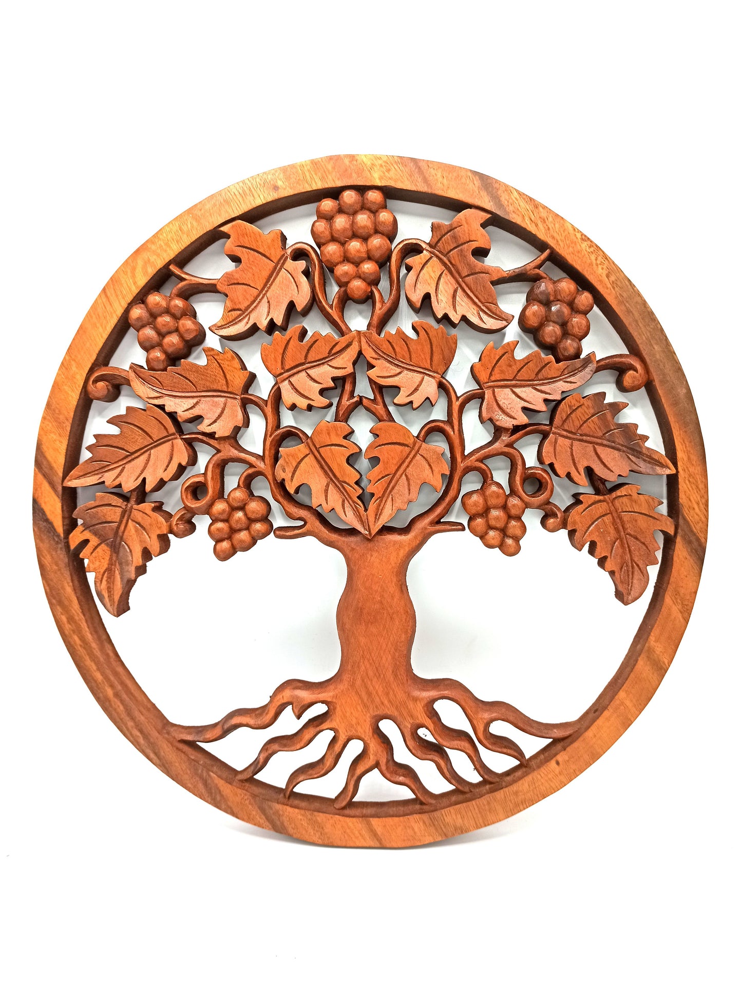 Lebensbaum Wanddekoration mit Trauben - 40 cm Handgeschnitztes Holzpanel