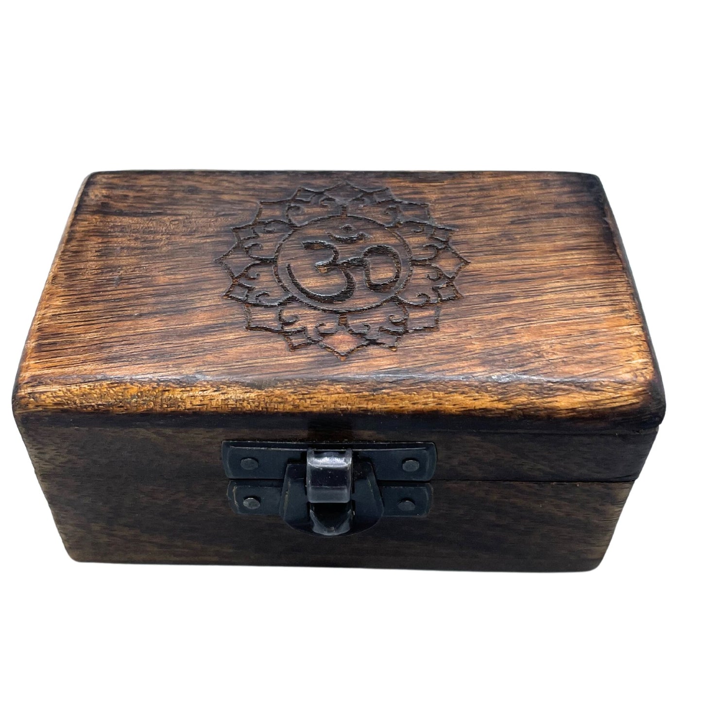 Set mit 5 handgeschnitzten Pillendosen aus Mangoholz - Buddha, Blume, Ohm, Hamsa, Weinrebe