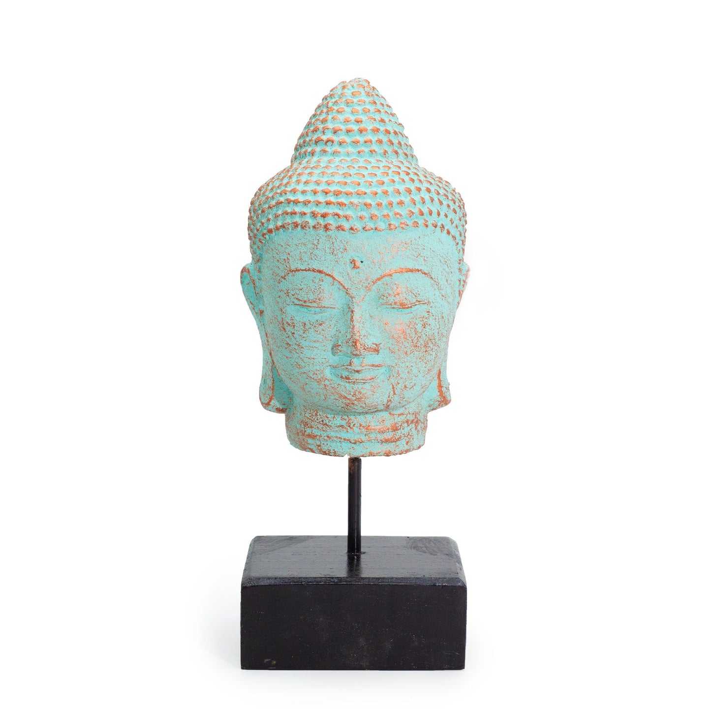 Buddha-Kopf Statue mit Holzstand - Handgefertigt aus Beton mit Grünkupfer-Patina
