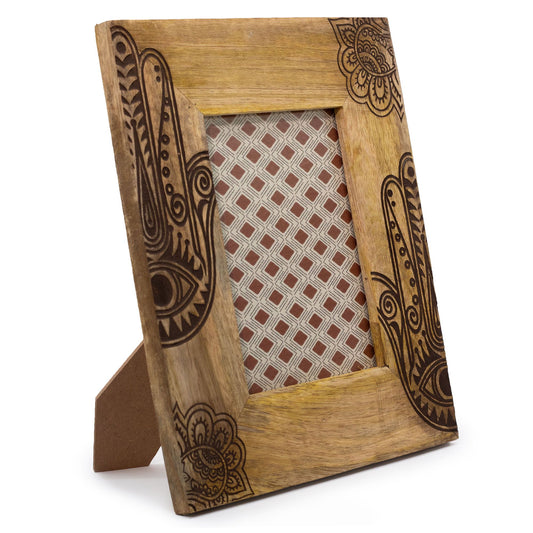 Handgeschnitzter Hamsa Bilderrahmen aus Mangoholz - Schwarz, 28x23 cm