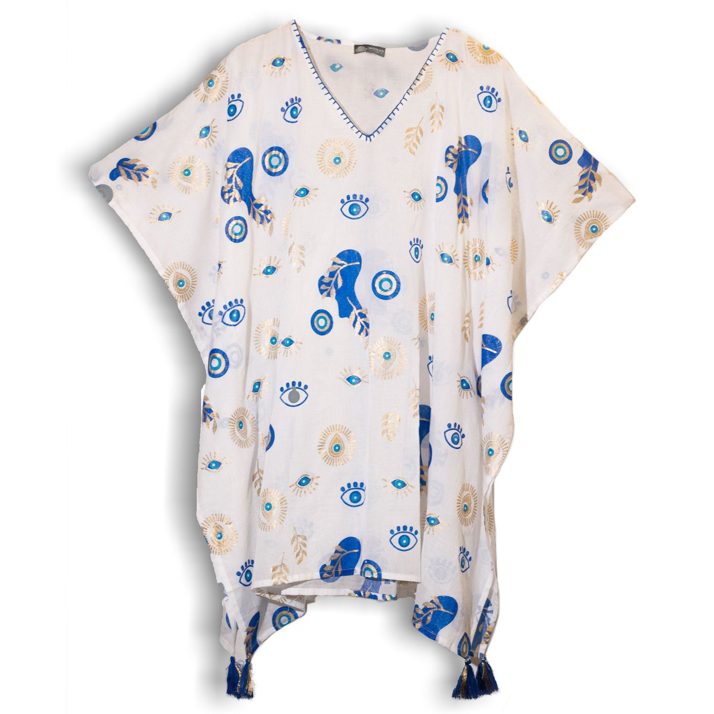 Handbemalter Schutz-Kaftan – Mediterranes Unikat in Weiß, Blau & Gold